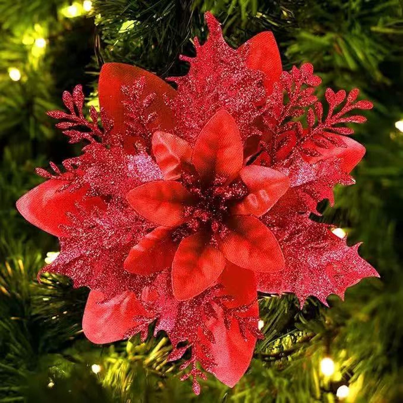 20 Pcs Glitter Artificial Christmas Flowers for Holiday Decor