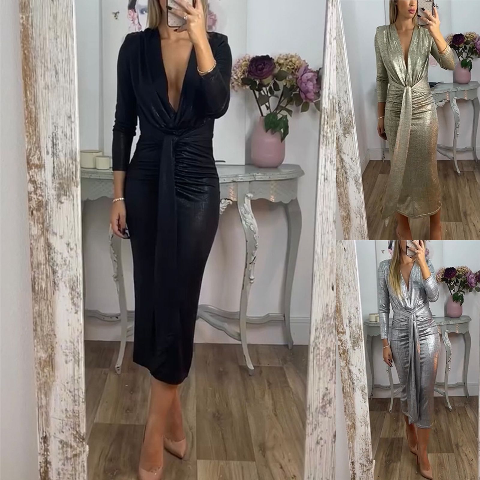 Women’s Deep V-Neck Bodycon Slim Long Dress