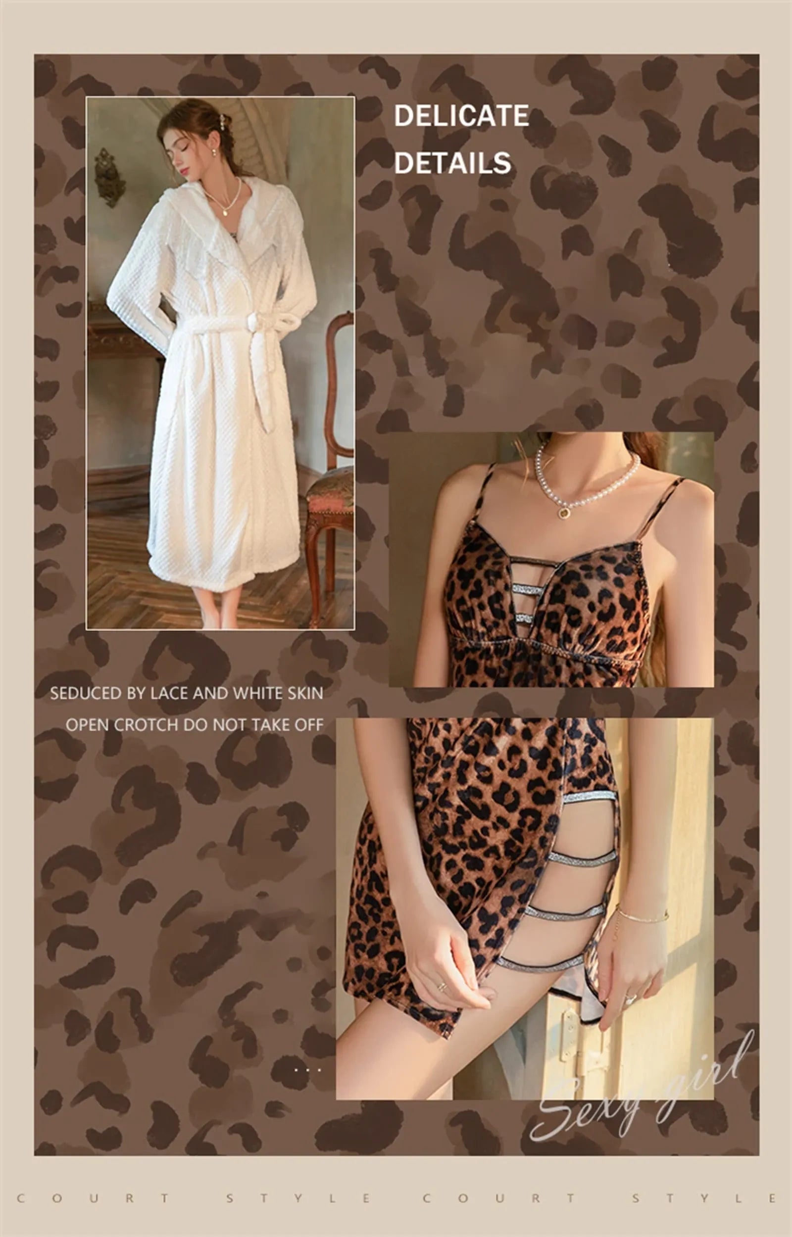 Rebeyuli Women's Leopard Print Velvet Lingerie Dress Set