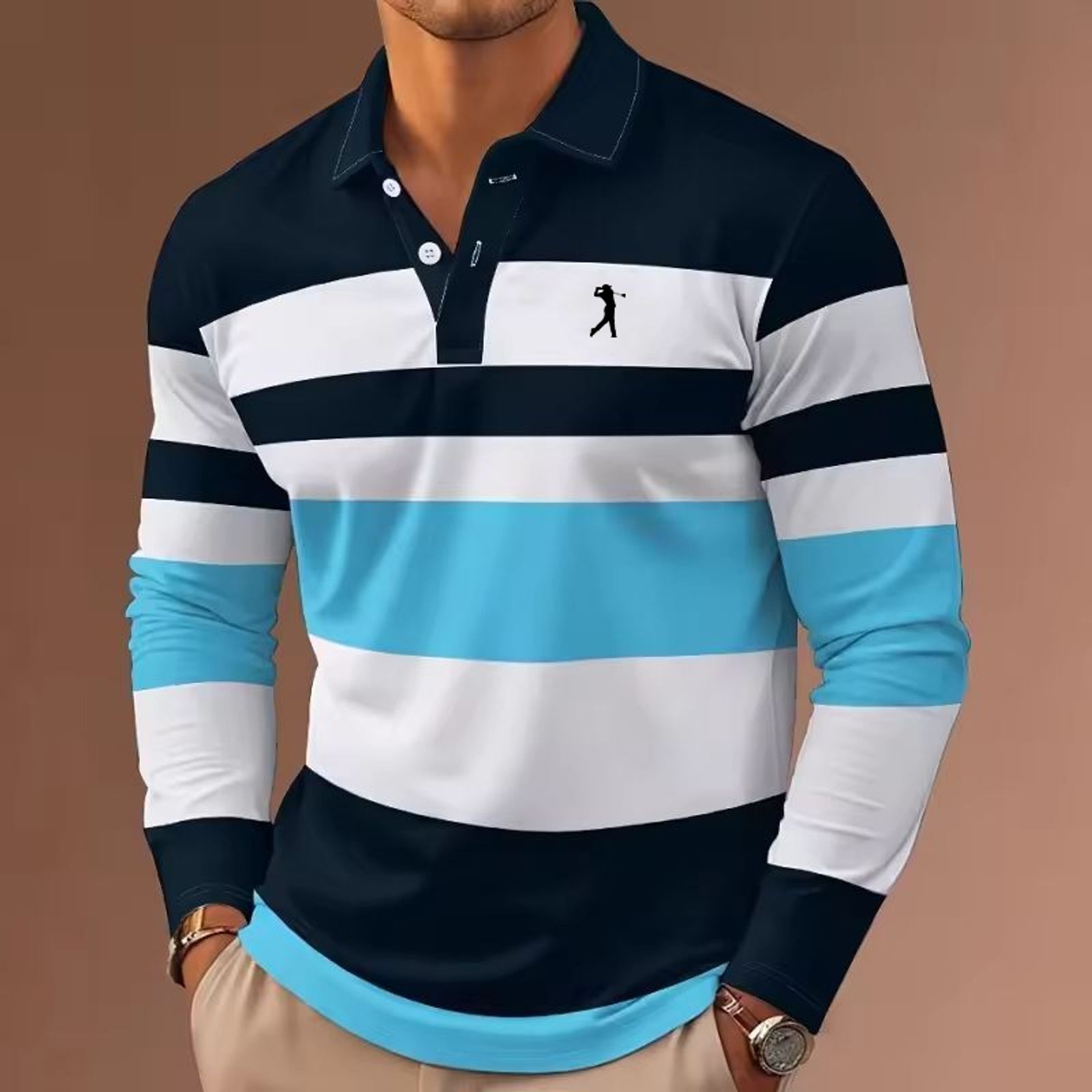 Men's Long Sleeve Stripes Rugby Polo Shirt