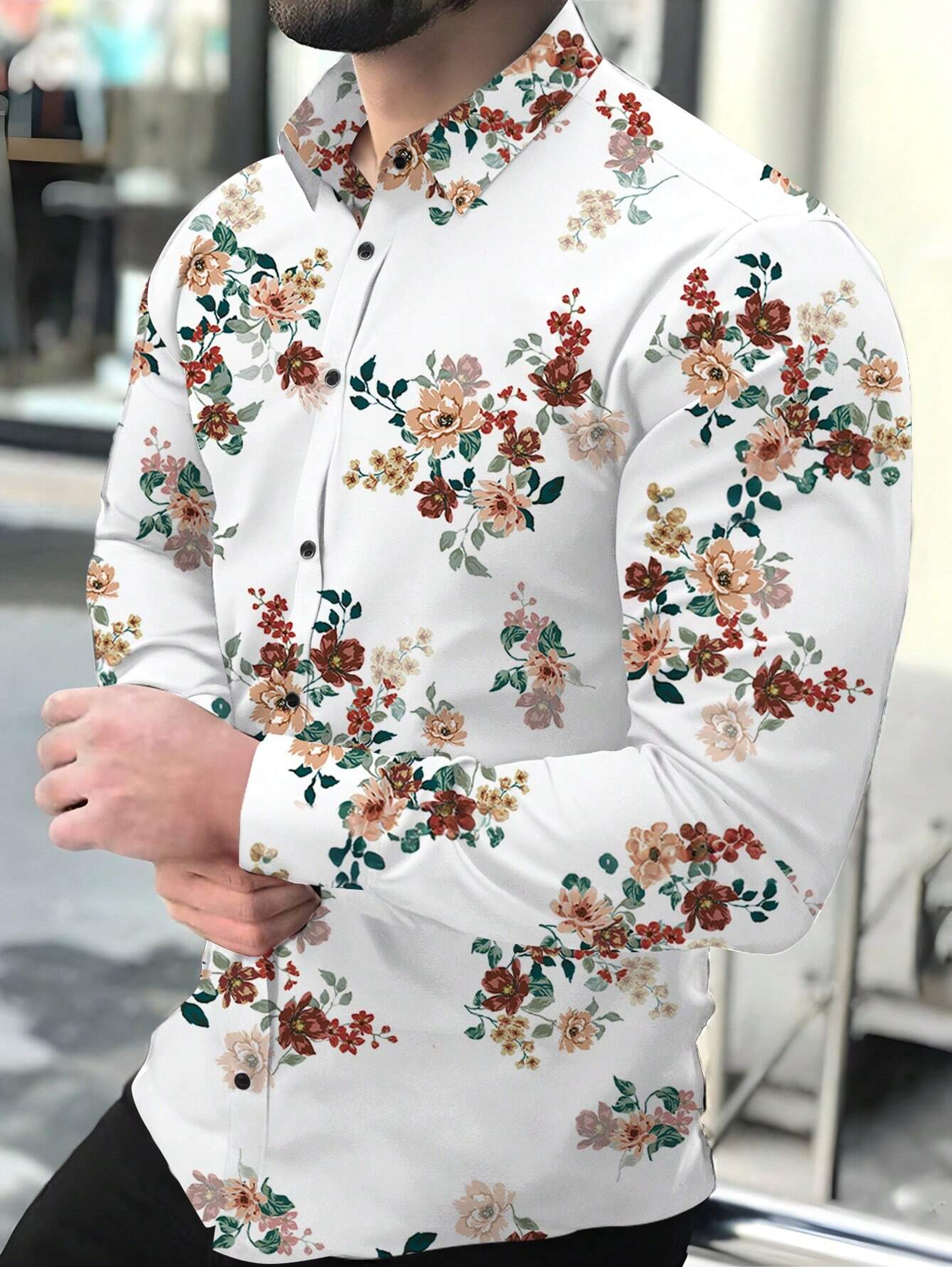 2025 Fashion Flower Print Men's Long Sleeve Shirt