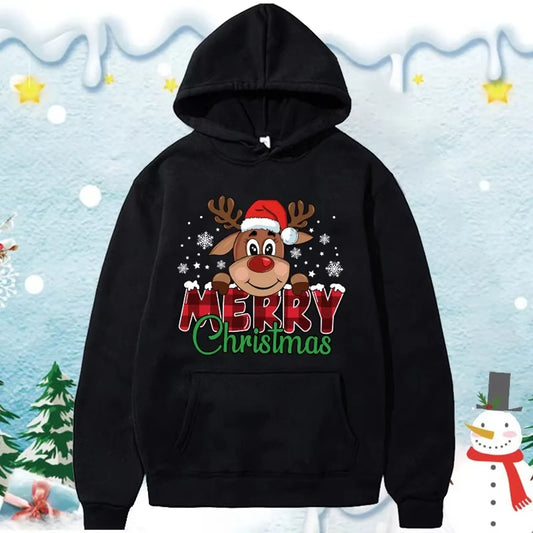 Christmas Reindeer Print Hooded Sweatshirt