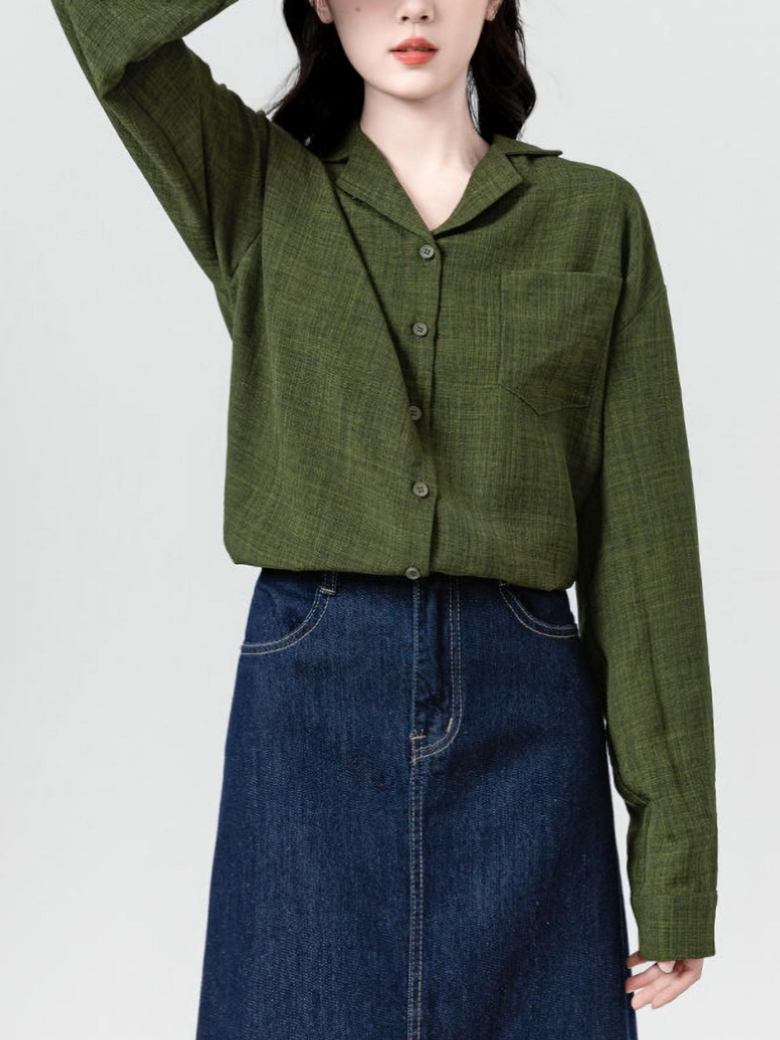 Hong Kong-Style Retro Green Long-Sleeved Shirt for Women