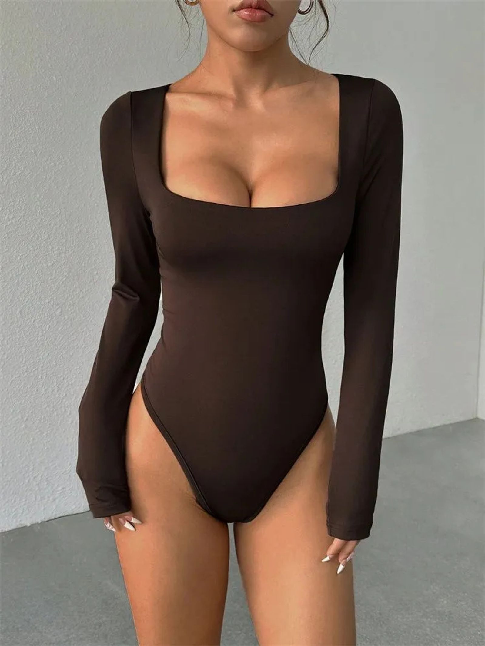 Basic Square Neck Long Sleeve Bodysuit for Women