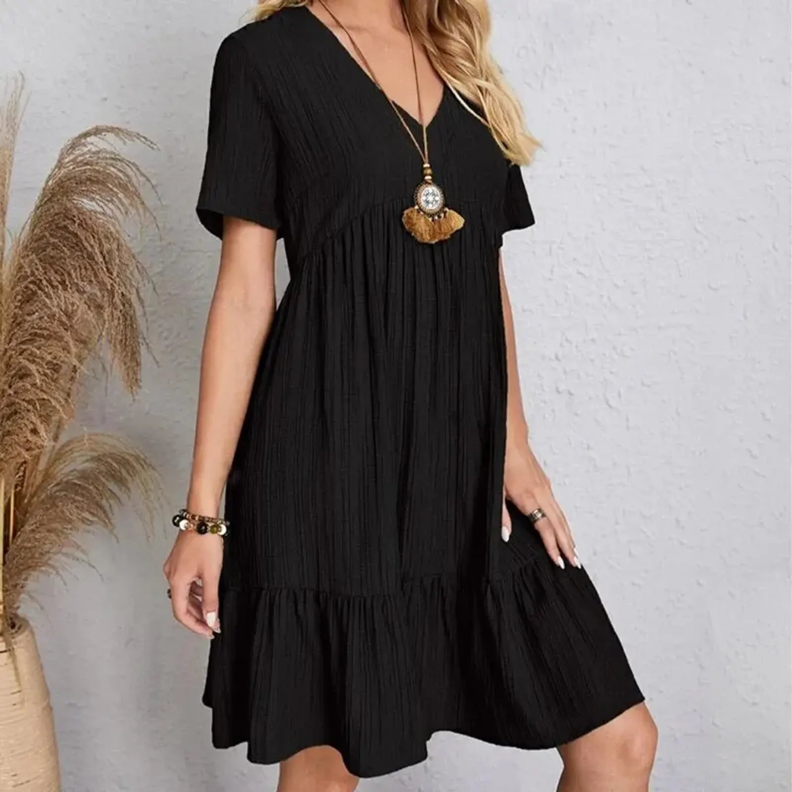 Women's Summer Peplum Dress with V-Neck and Ruffle Hem