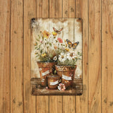 Vintage Floral Pots Butterfly Tin Sign Wall Art