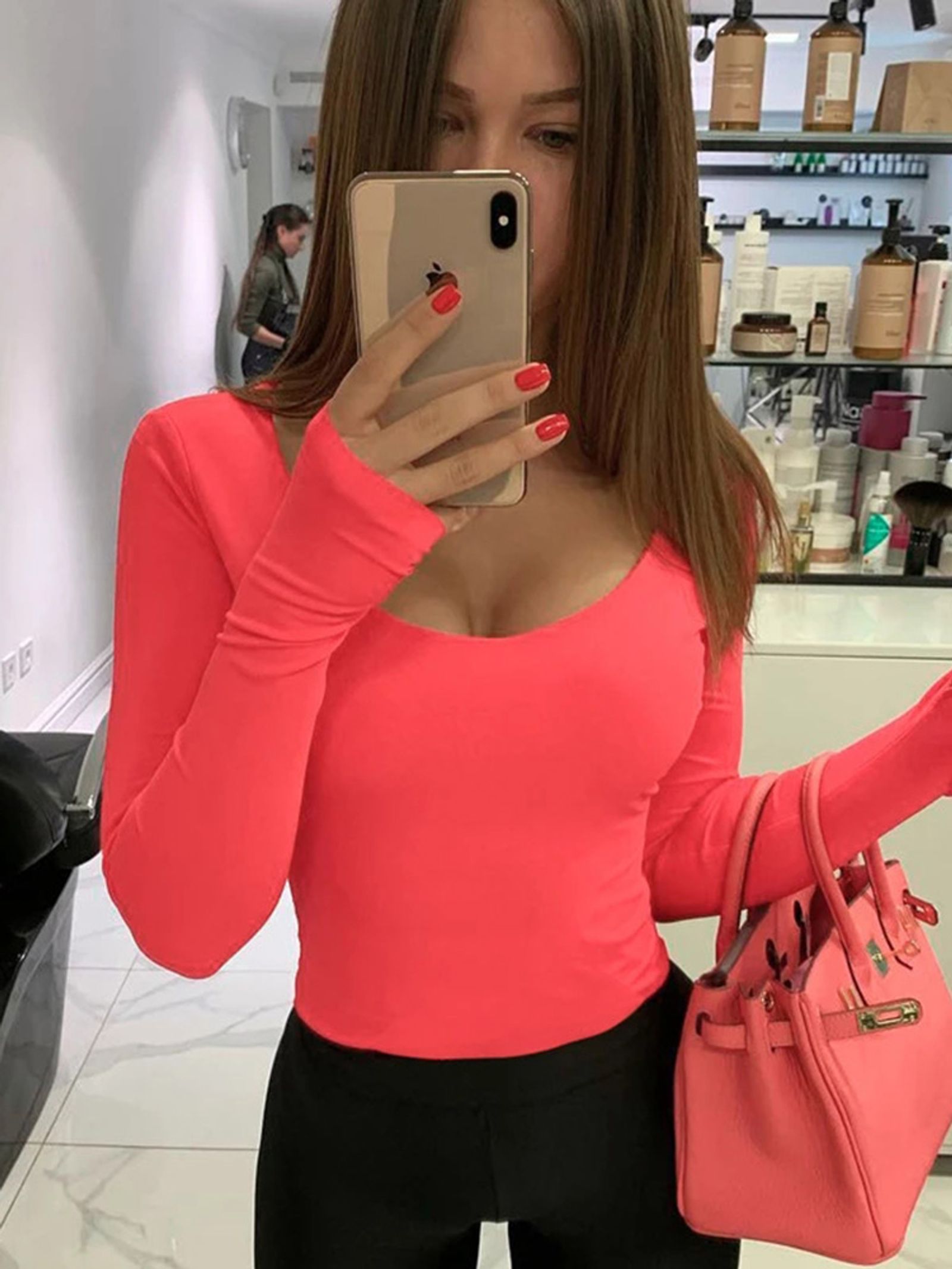 Orange Neon Long Sleeve Bodycon Bodysuit for Women