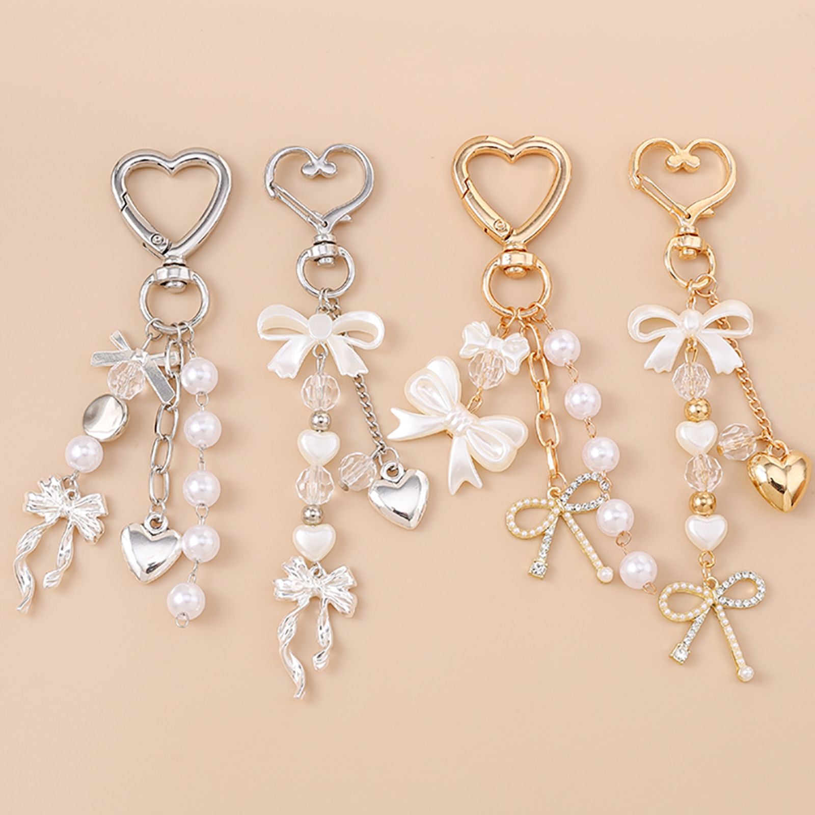 Cute Bowknot Love Heart Keychain with Crystal and Pearl