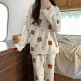 Warm Coral Fleece Pajama Set with Peach Bear Print