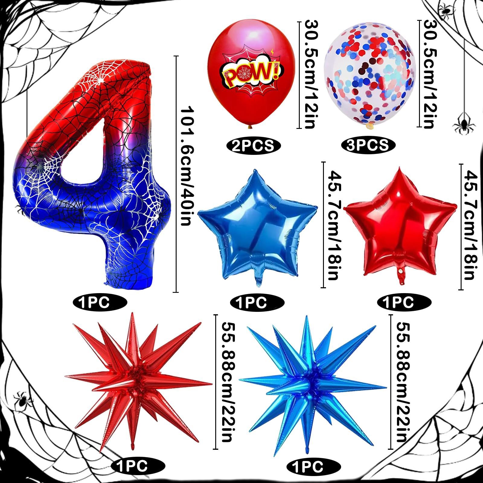 Spider Theme Number Balloons Set with Star Confetti