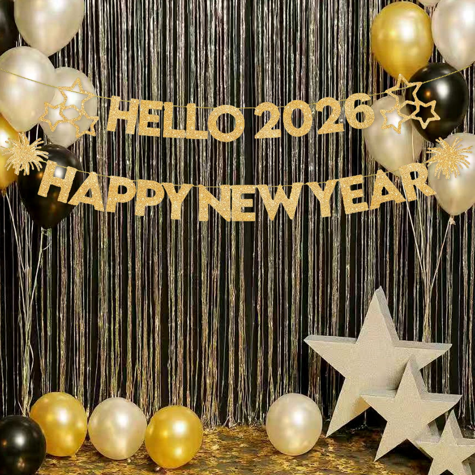 Glitter Happy New Year Gold Banner for 2026 Celebrations