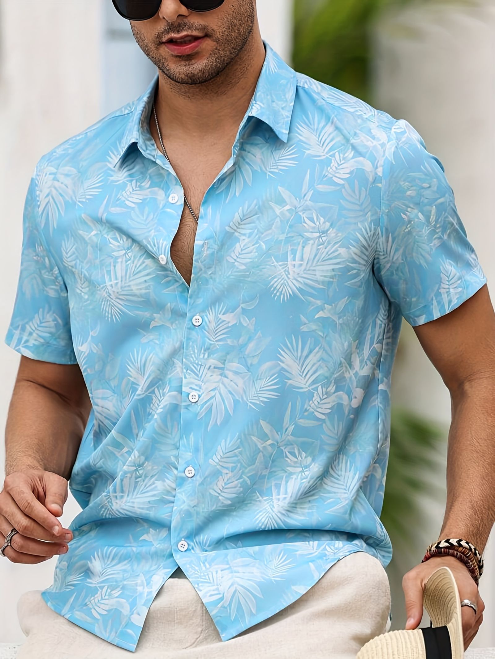 Men's Tropical Palm Leaf Print Short Sleeve Shirt