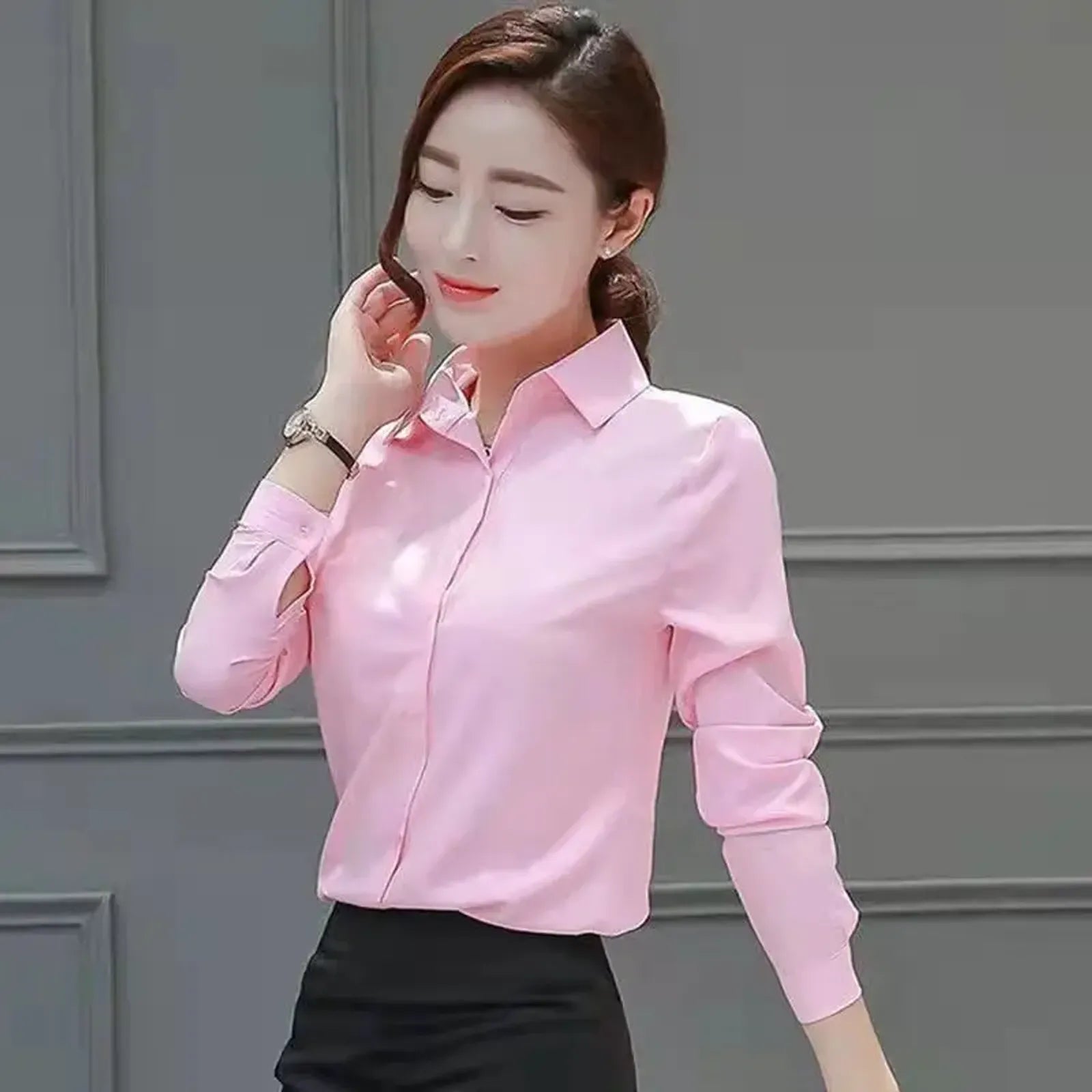 Women's Slim Fit Long Sleeve Korean Style Work Shirt