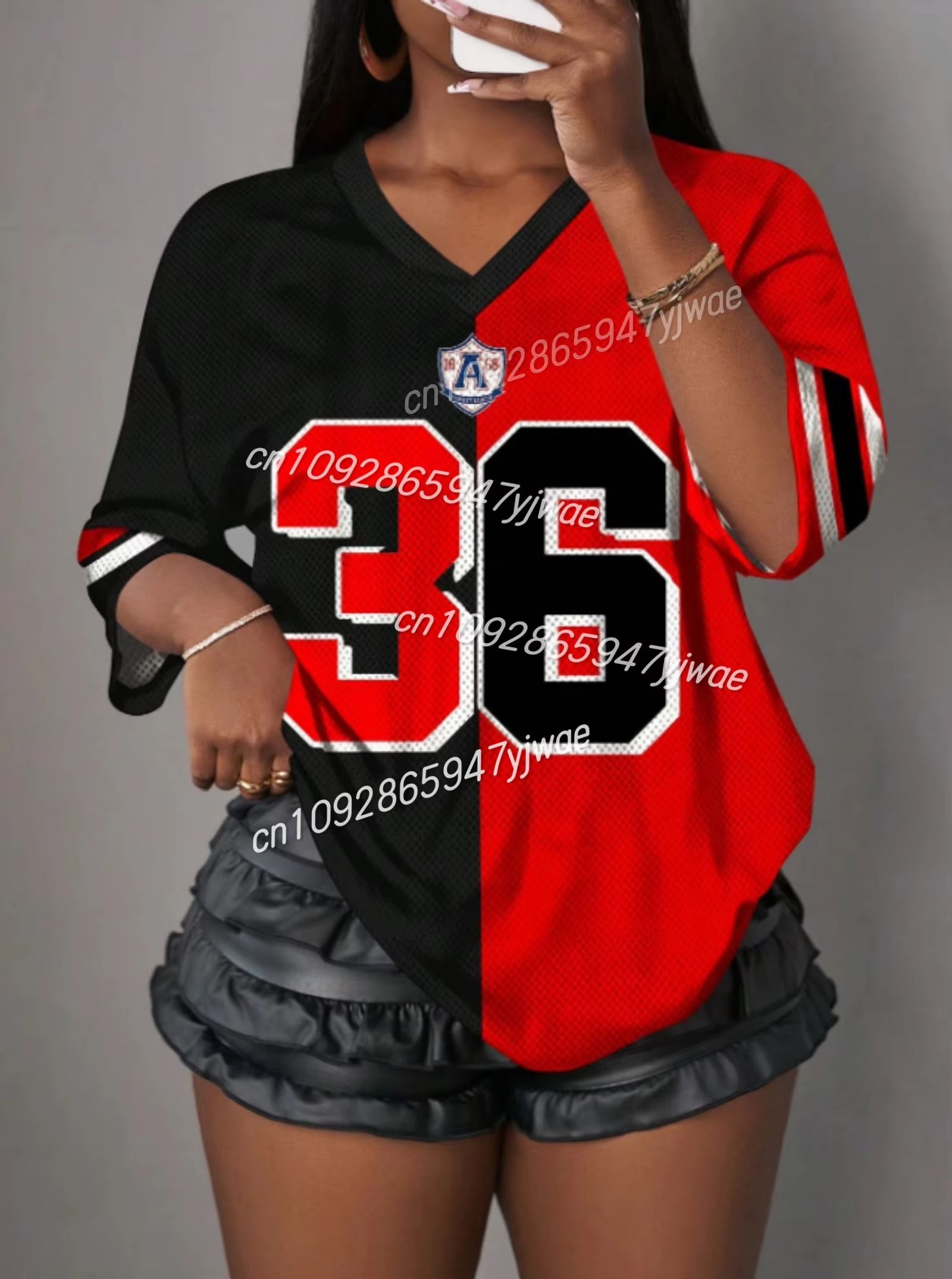 Color Block Number 36 V-Neck Tee for Women