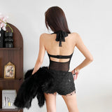 Mesh Patchwork Bodysuit - Halter Low-Neck Backless