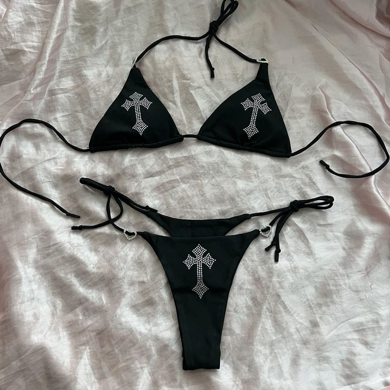 Y2K Rhinestone Cross Bikini Swimsuit