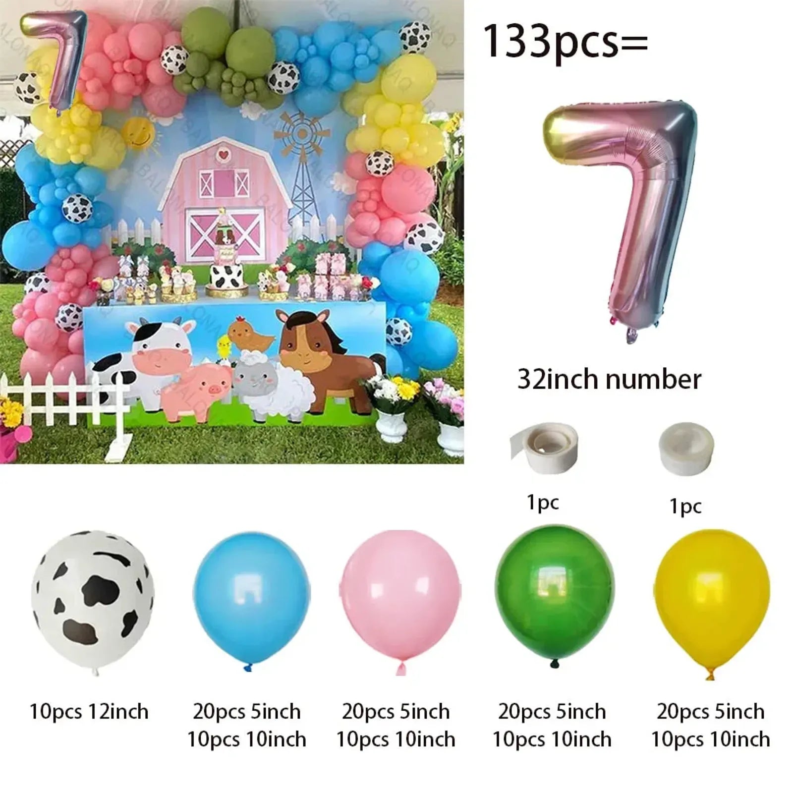 133pcs Farm Theme Cow Birthday Party Balloon Set