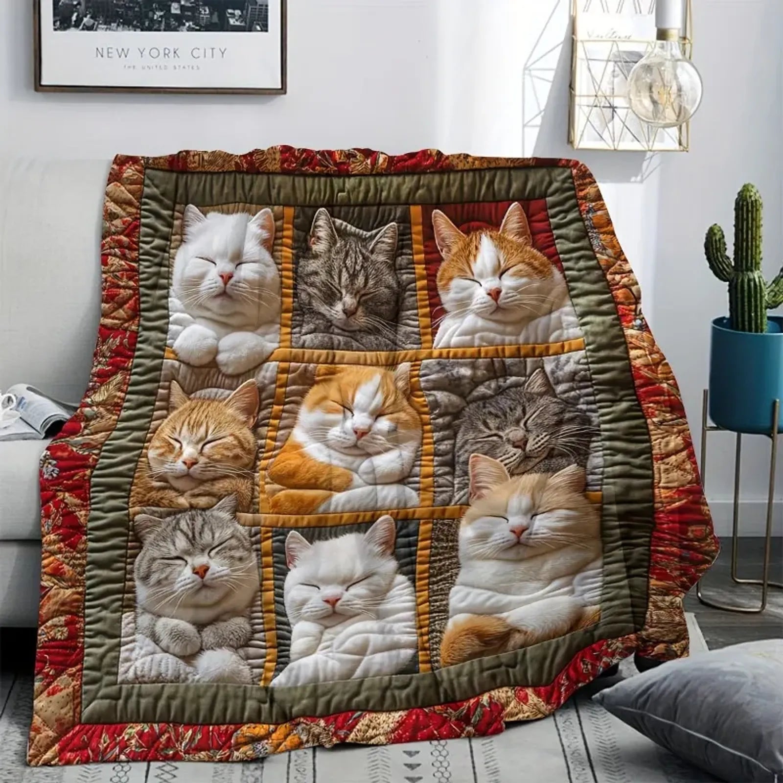 Bohemian Cat-Themed Flannel Blanket