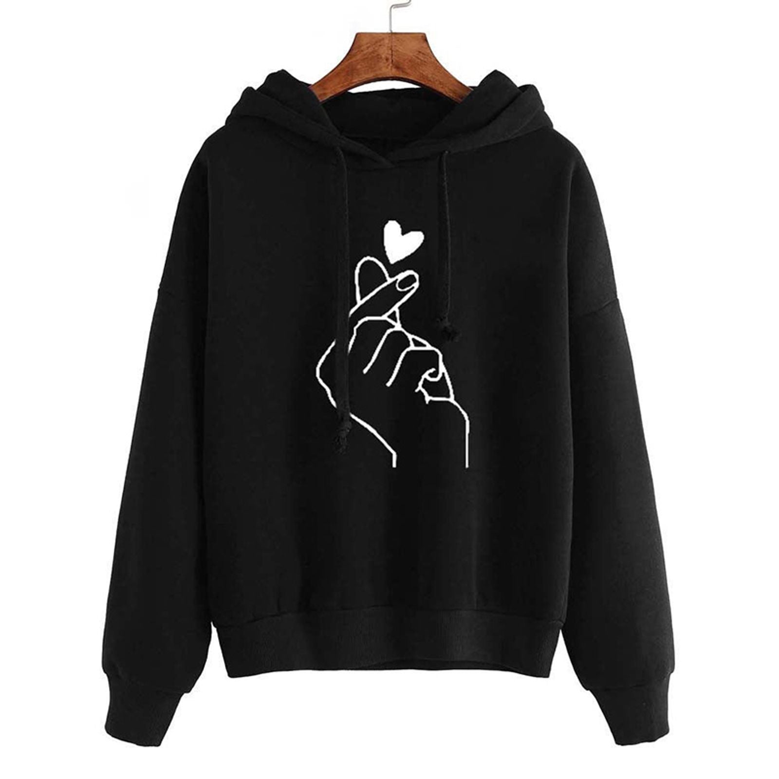Autumn Fleece Hoodie with Pocket and Finger Heart Design