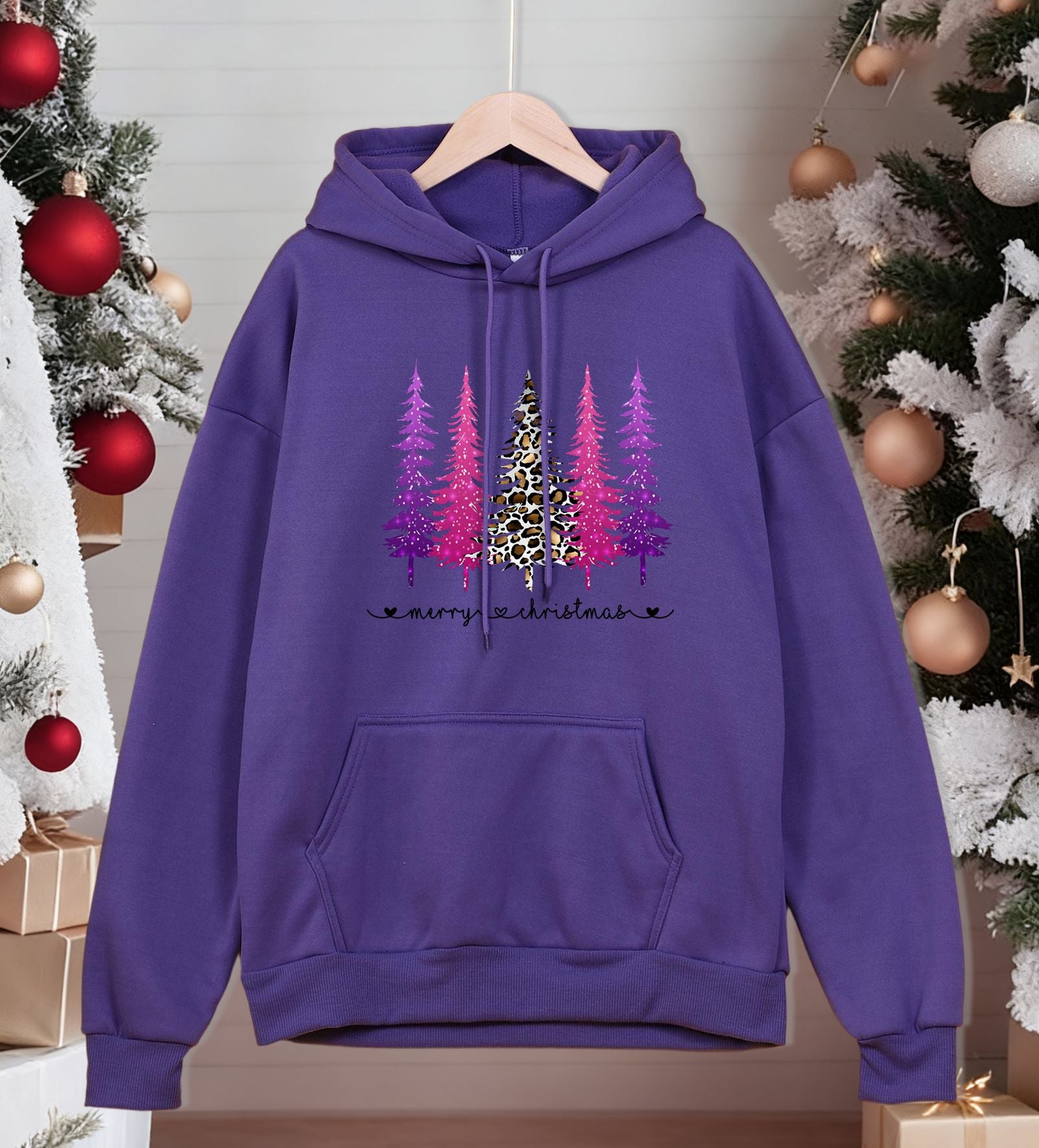 Merry Christmas Tree Print Hoodie for Men