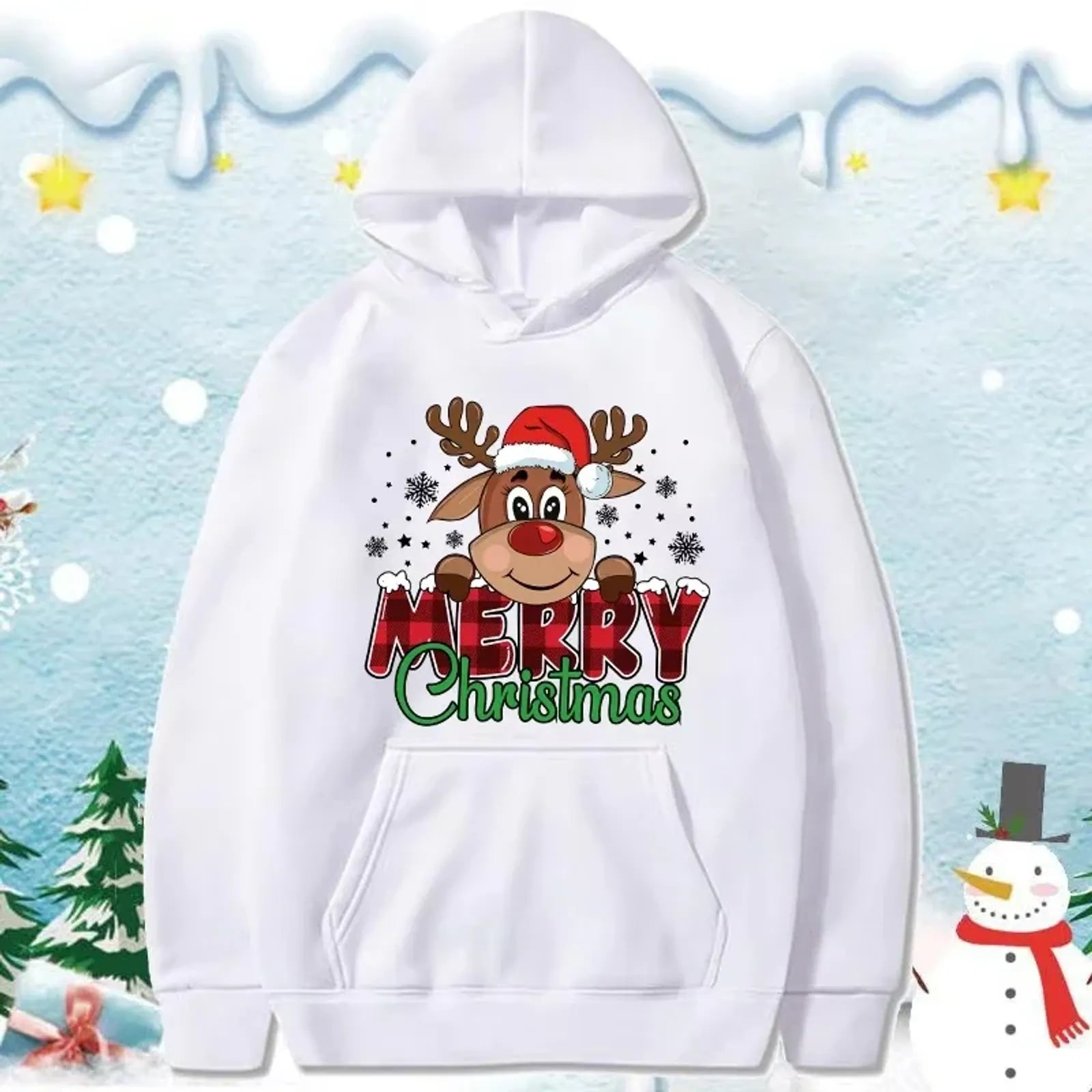 Christmas Reindeer Print Hooded Sweatshirt