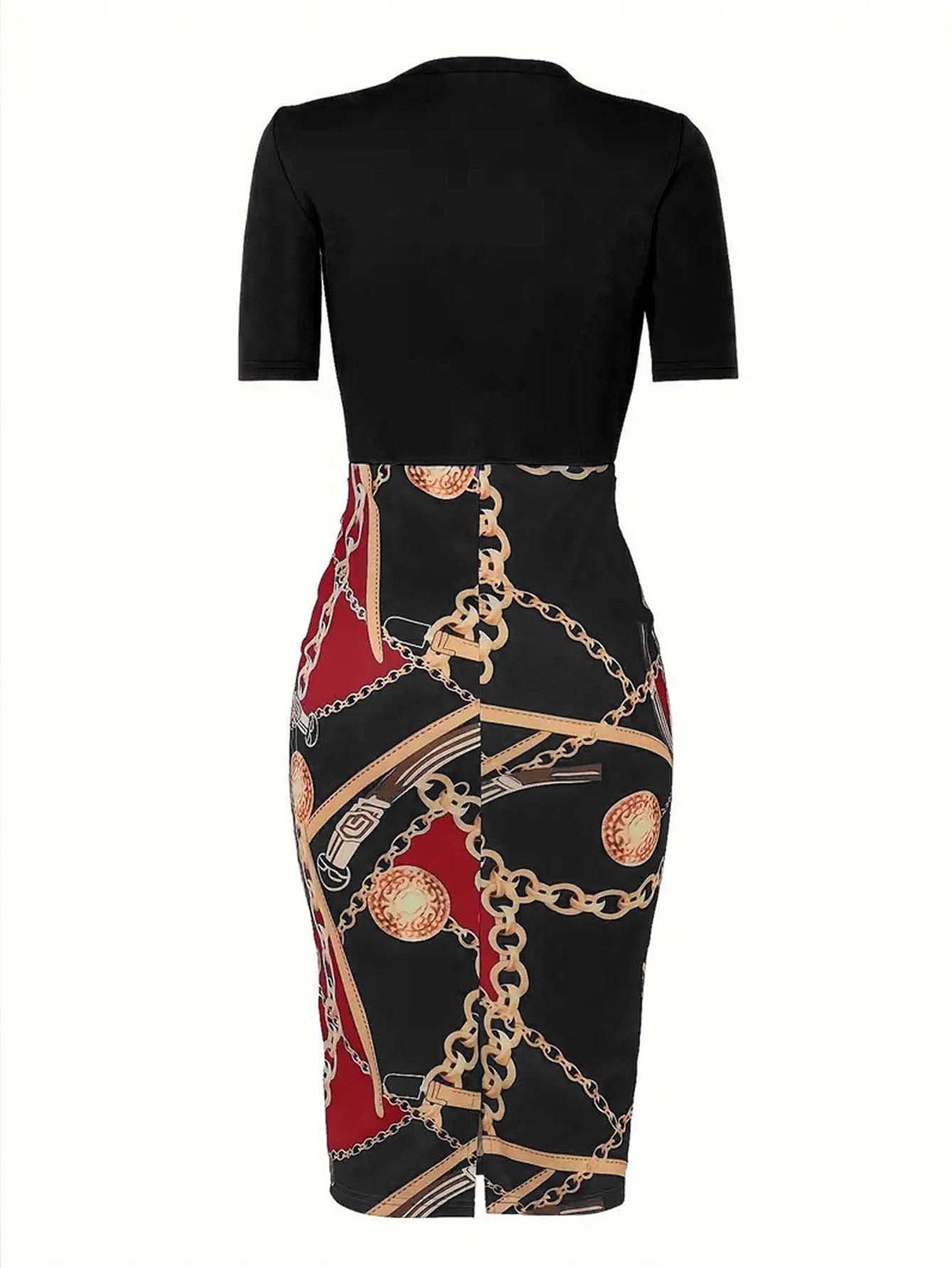 Women's Colorblock Chain Print Wrap Dress with Belt