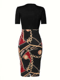 Women's Colorblock Chain Print Wrap Dress with Belt