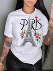 Short-Sleeved Eiffel Tower Printed Crew Neck T-Shirt
