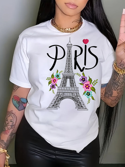 Short-Sleeved Eiffel Tower Printed Crew Neck T-Shirt