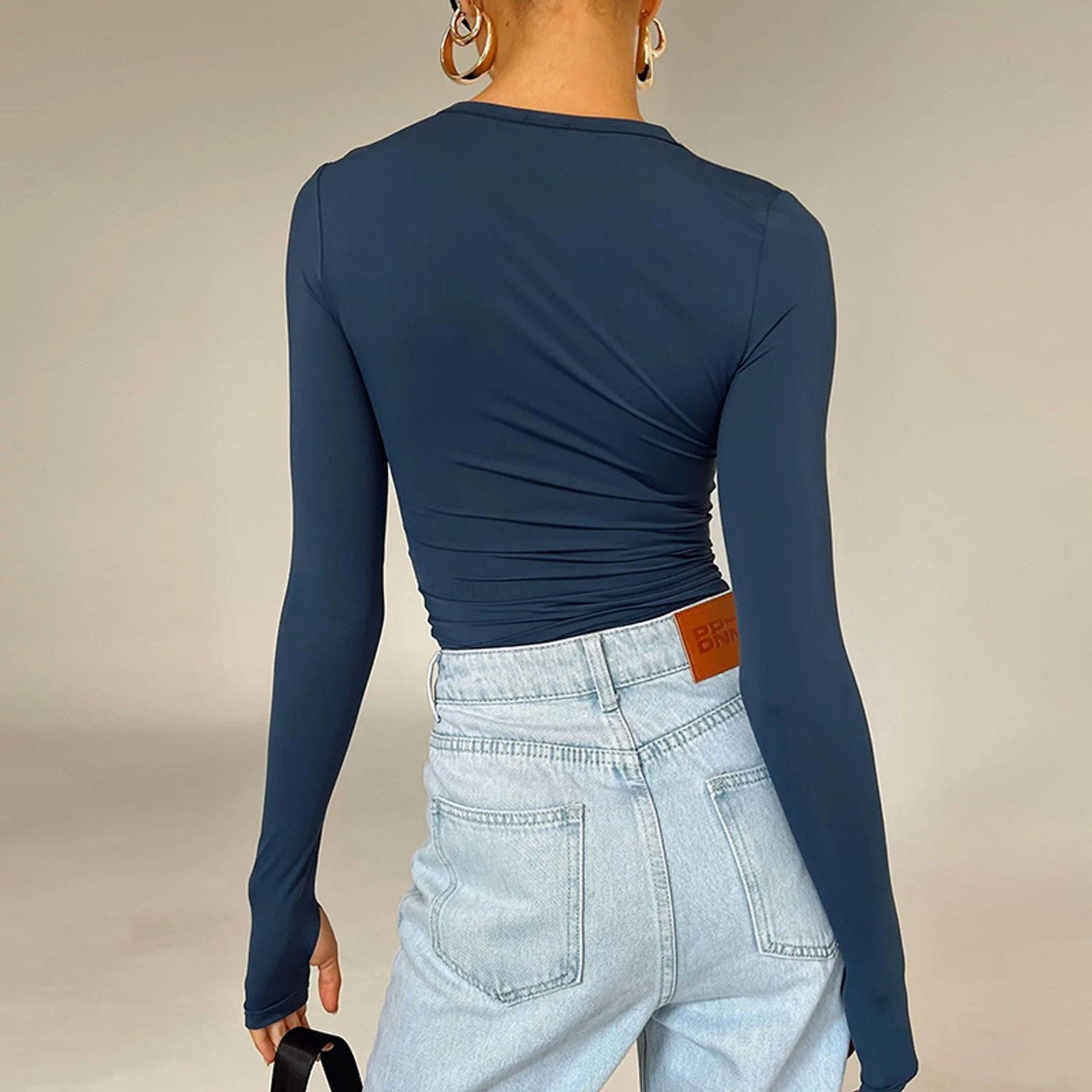 Womens Long Sleeve Crew Neck Crop Top with Thumb Holes