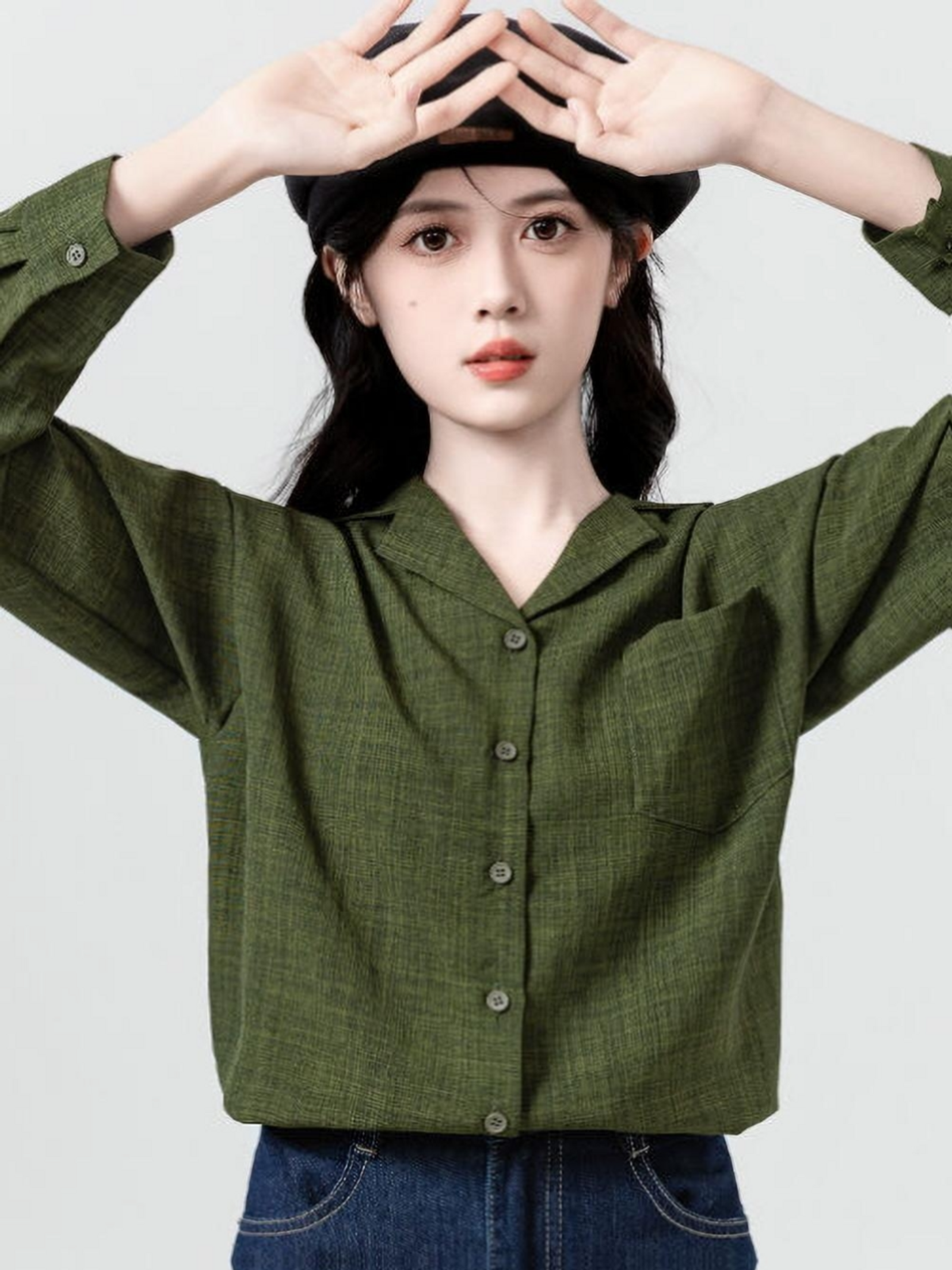 Hong Kong-Style Retro Green Long-Sleeved Shirt for Women