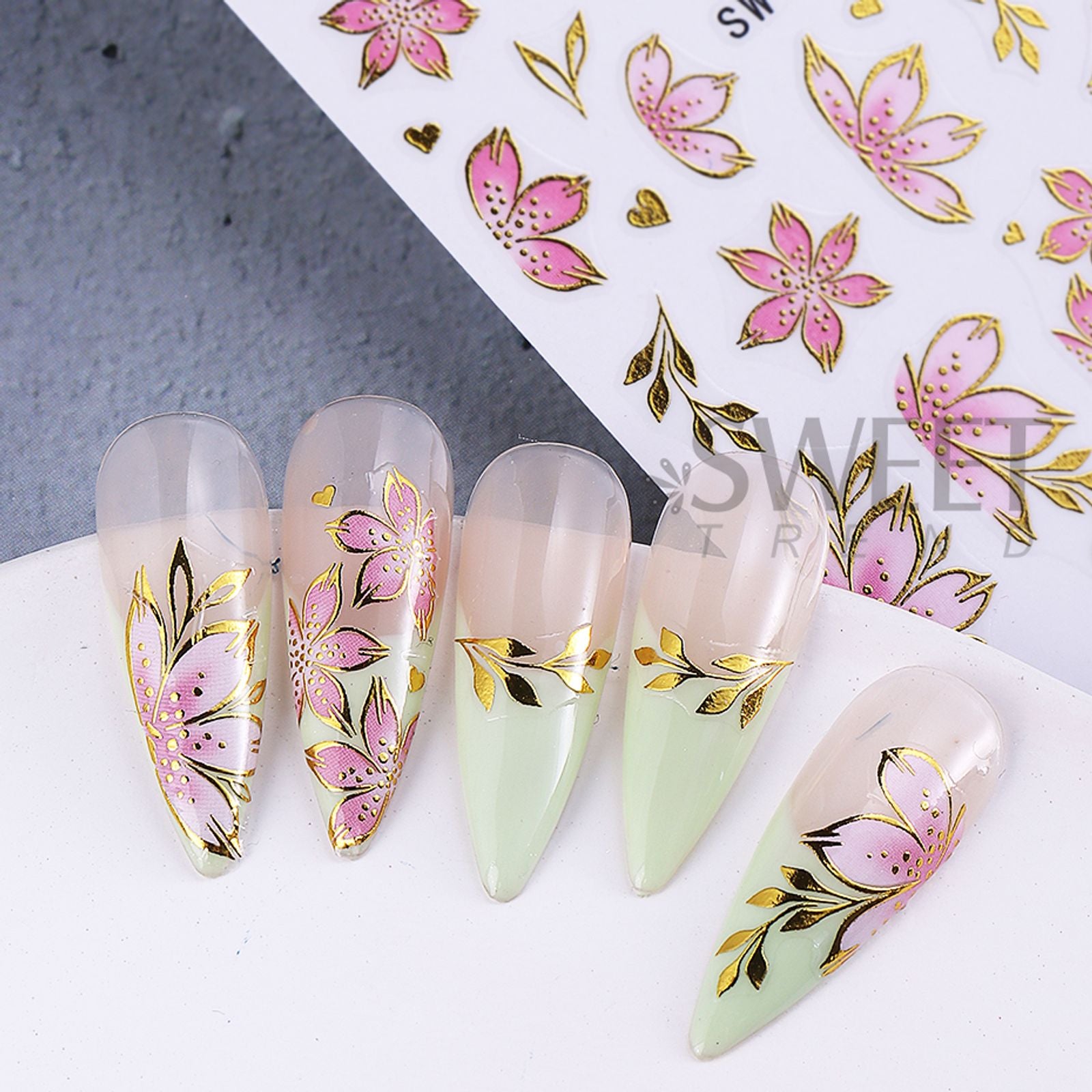 Golden Pink Hibiscus Flower Nail Stickers - 3D Decals