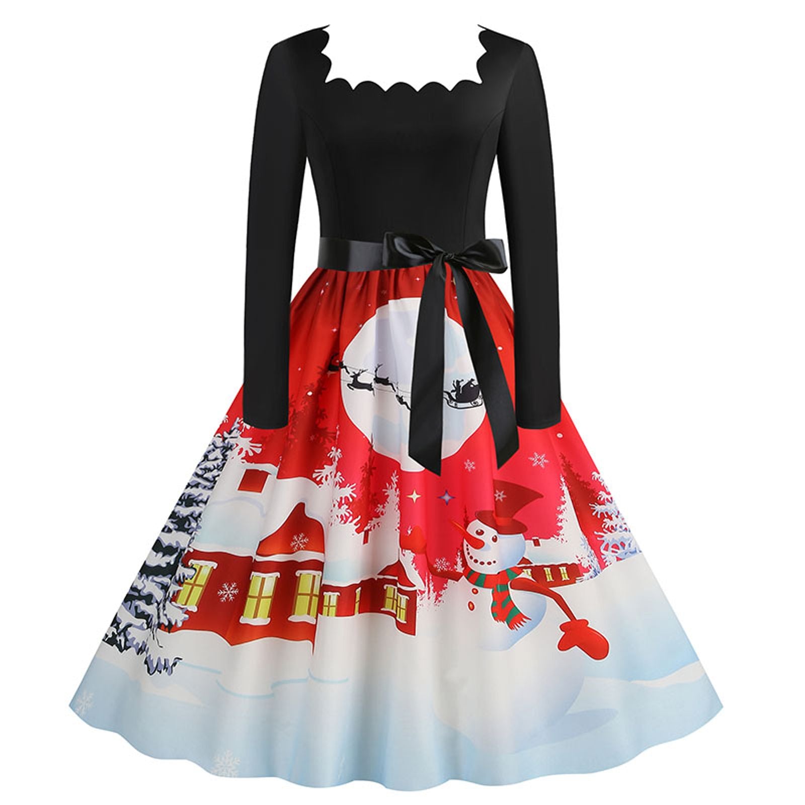 Women's Vintage Christmas Midi Dress with Square Collar