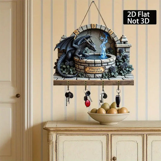 2D Dragon Pattern Wooden Key Holder with Metal Hooks