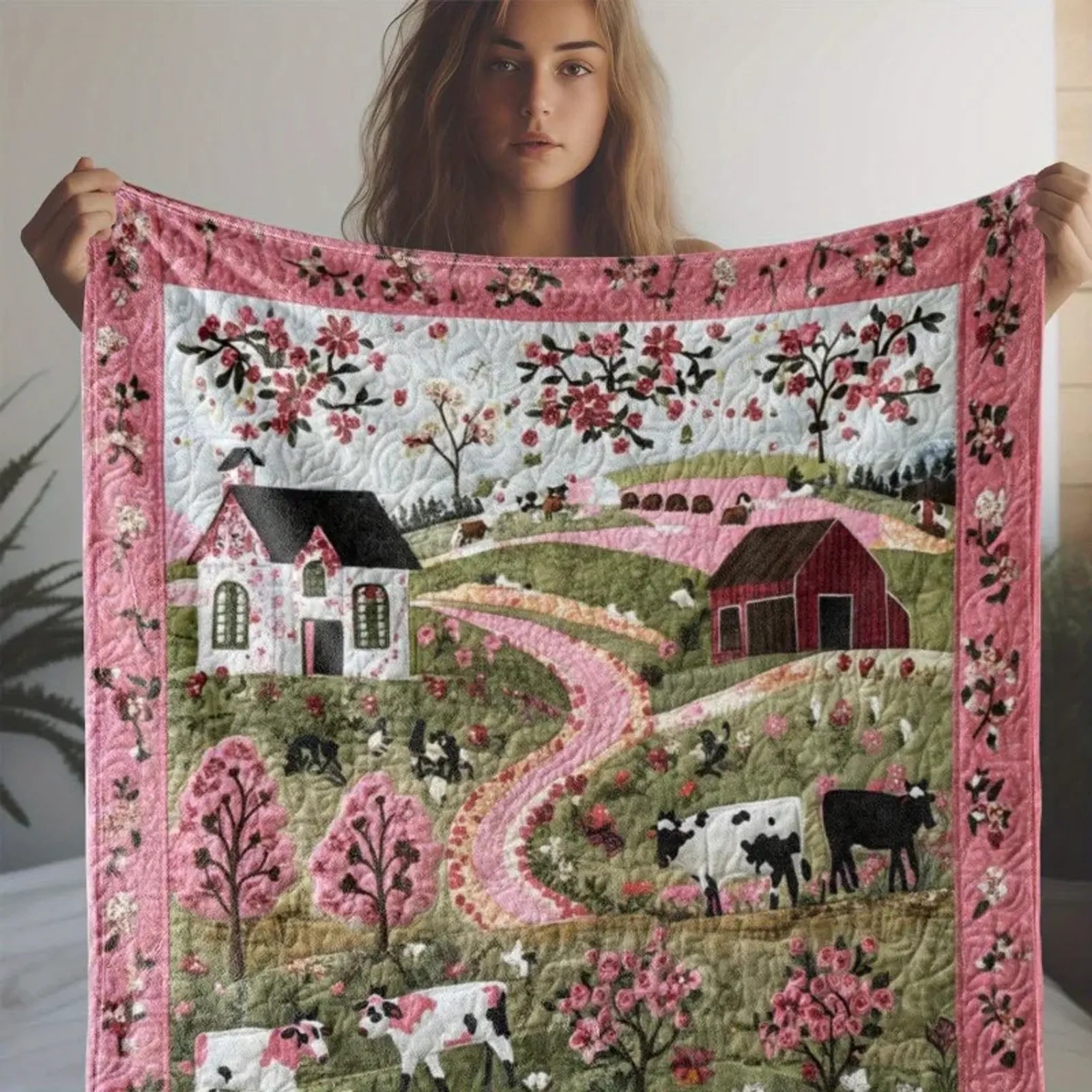 Cozy Vintage Flannel Blanket - Pink Floral Cow