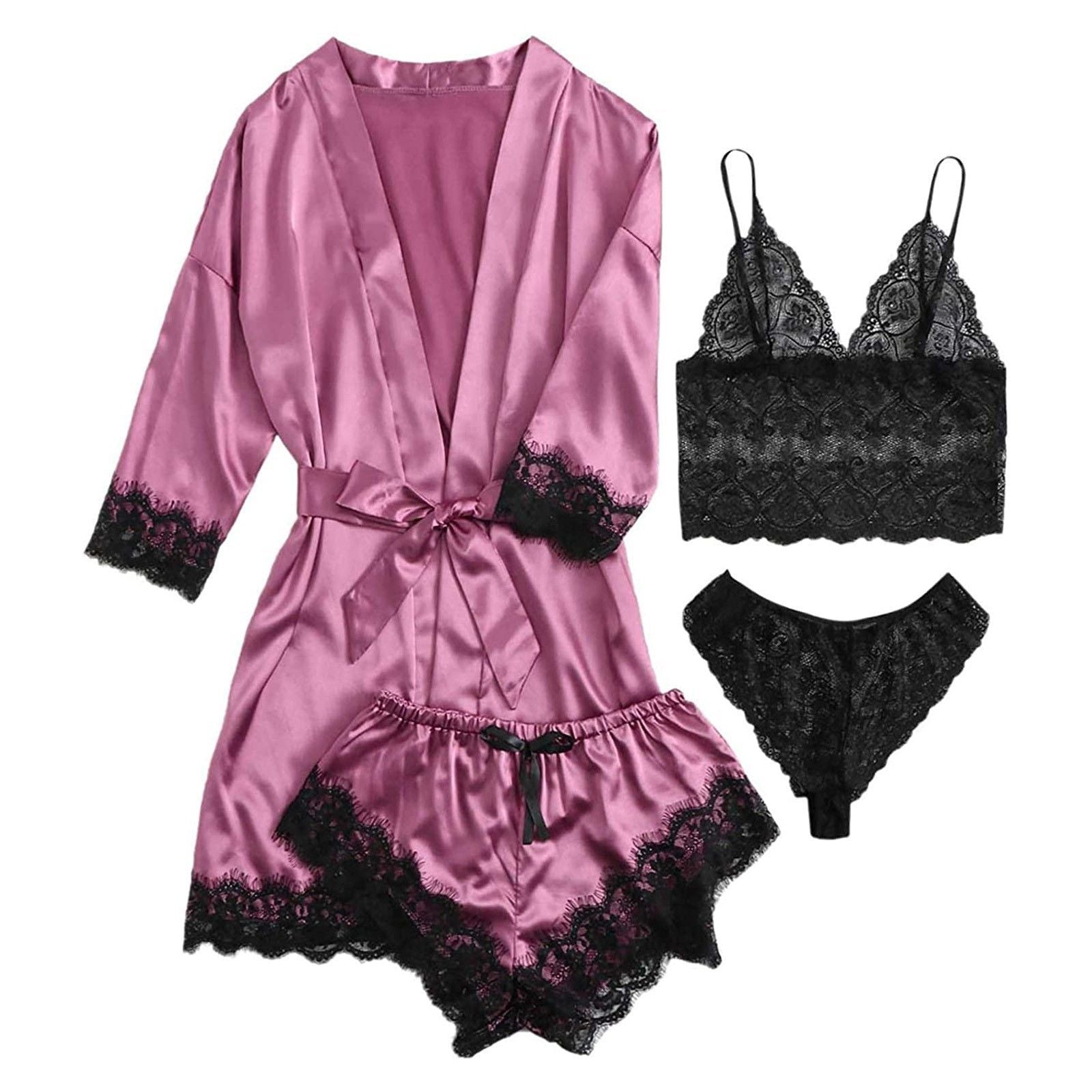 4pcs Women's Striped Lingerie Set with Lace Trim