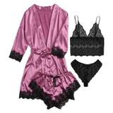 4pcs Women's Striped Lingerie Set with Lace Trim