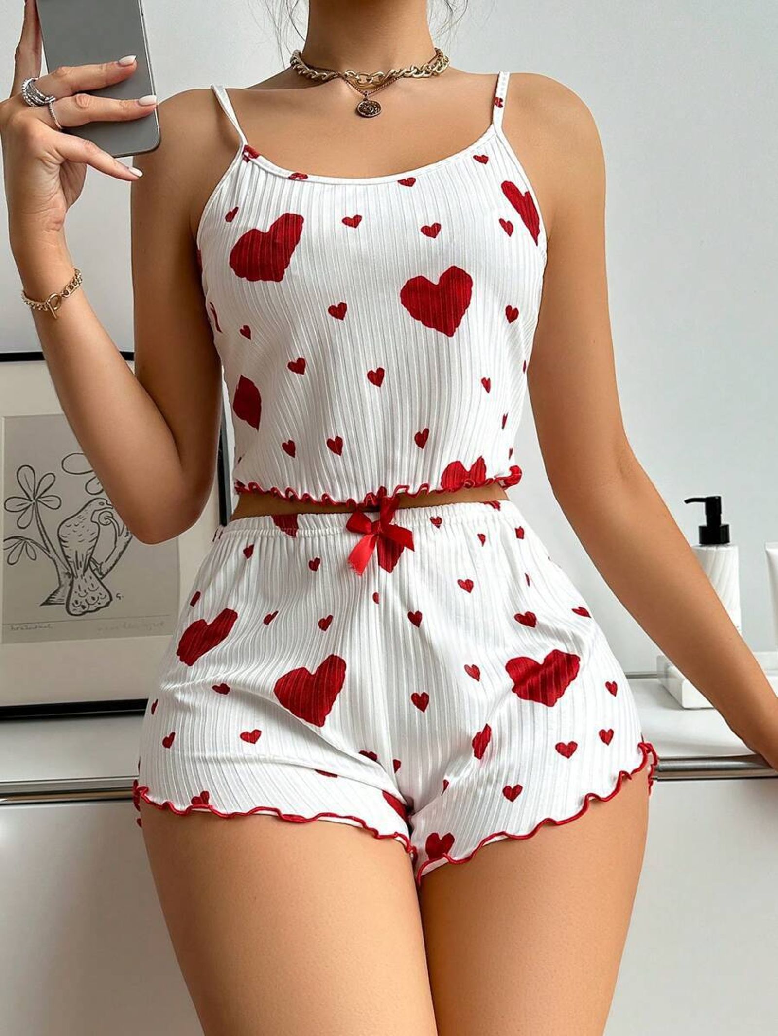 Womens 2PCS Heart Print Pajama Set - Sleeveless Crop Top & Shorts