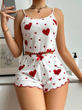 Womens 2PCS Heart Print Pajama Set - Sleeveless Crop Top & Shorts