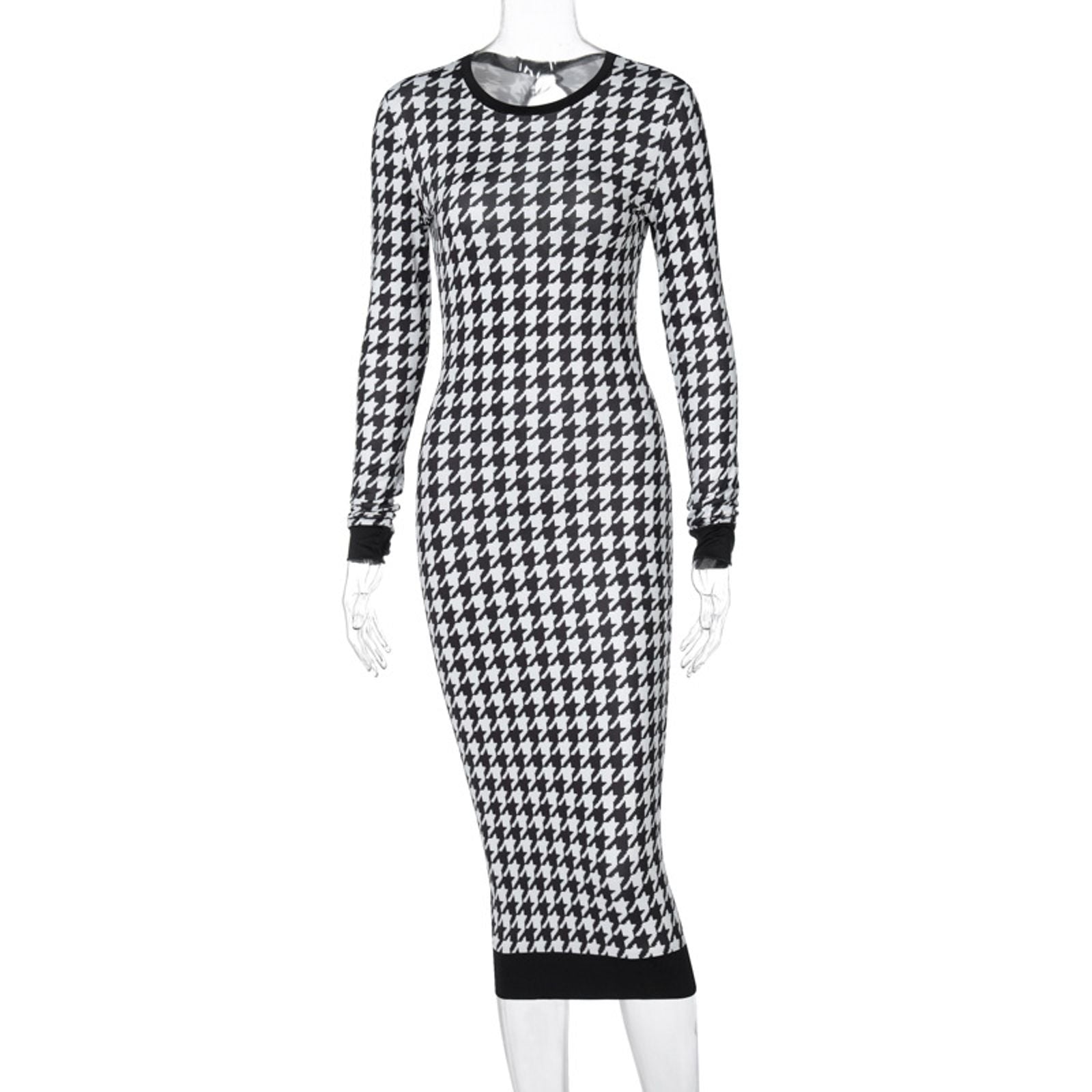 Houndstooth Print Long Sleeve Midi Dress for Women