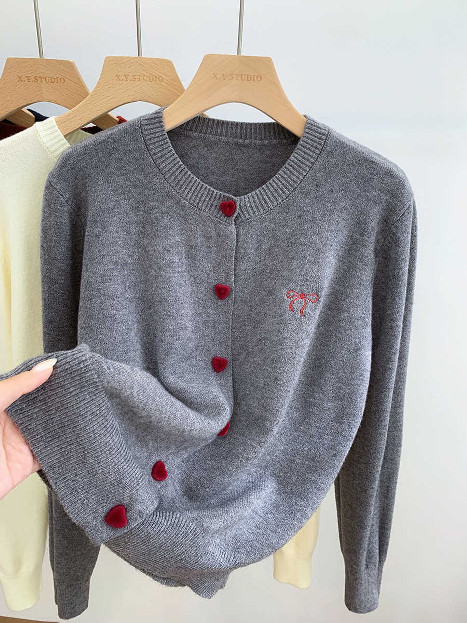 Women's O-Neck Heart Button Sweater Cardigan with Bow Embroidery