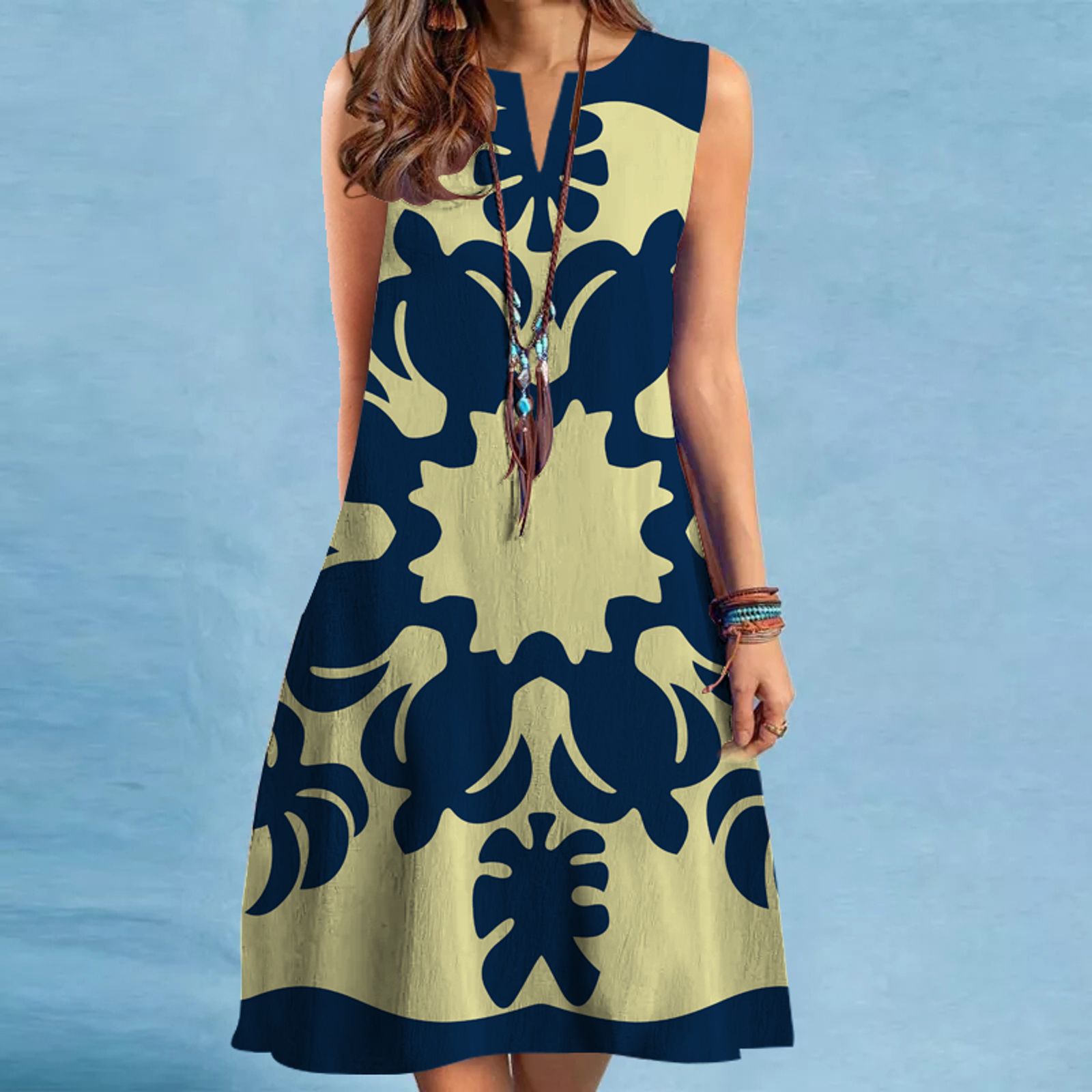 V-neck Sleeveless Printed Medium Length Dress