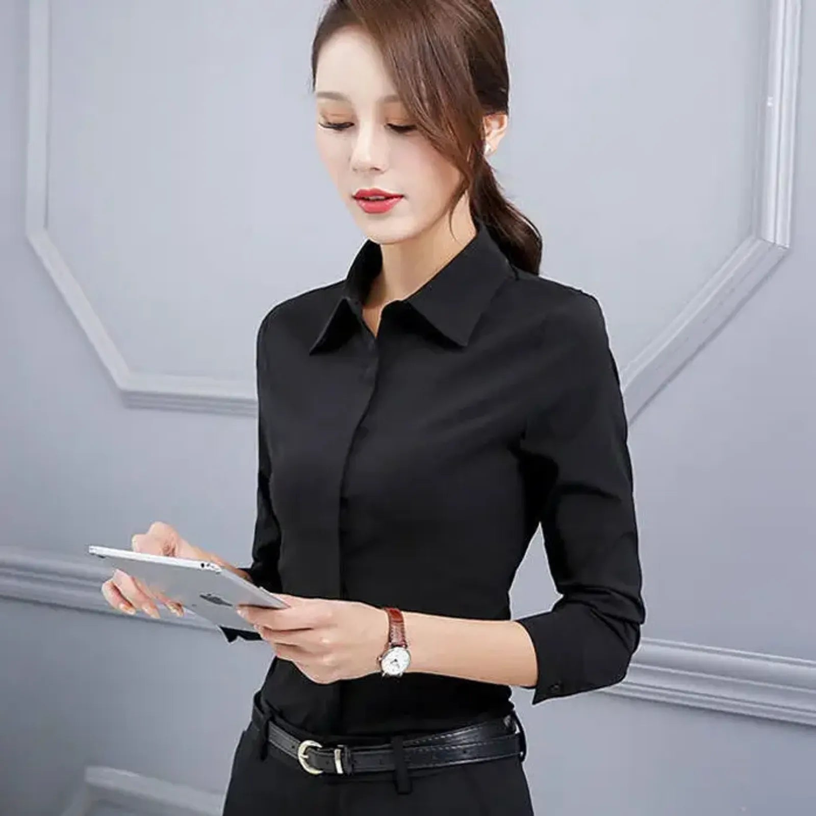 Women's Slim Fit Long Sleeve Korean Style Work Shirt