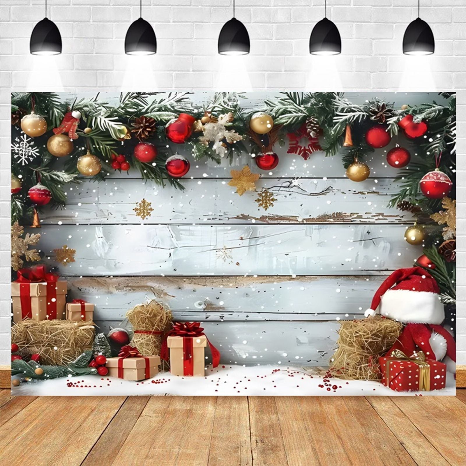 Merry Christmas Photography Backdrop with Wreath and Ornaments