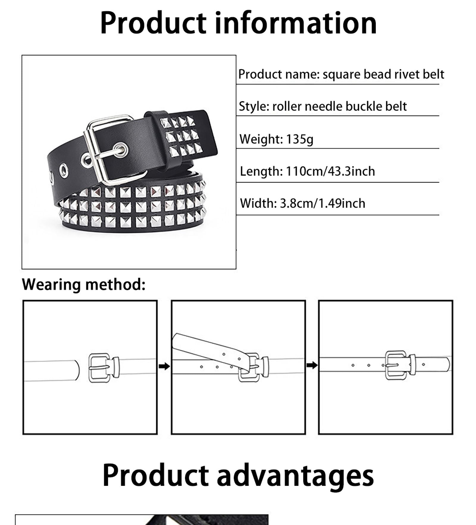 Fashion Square Bead Rivet Punk Belt for Men and Women