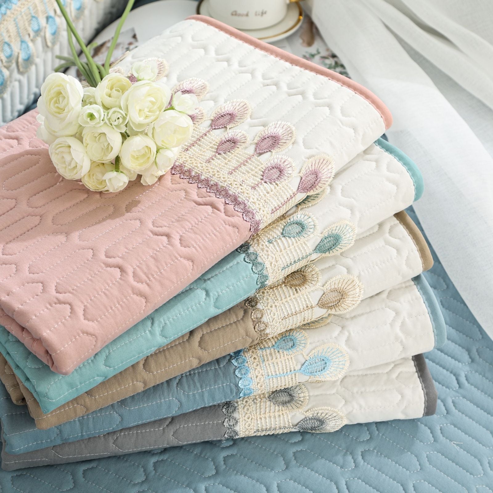 Luxurious Feather Embroidery Quilted Sofa Cover