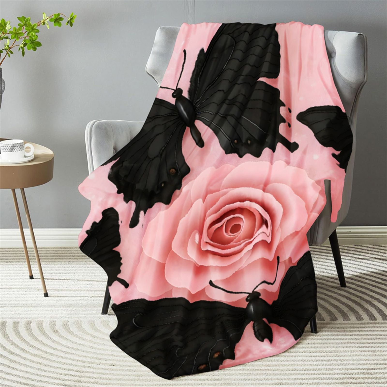 Pink Butterfly Rose Flannel Throw Blanket