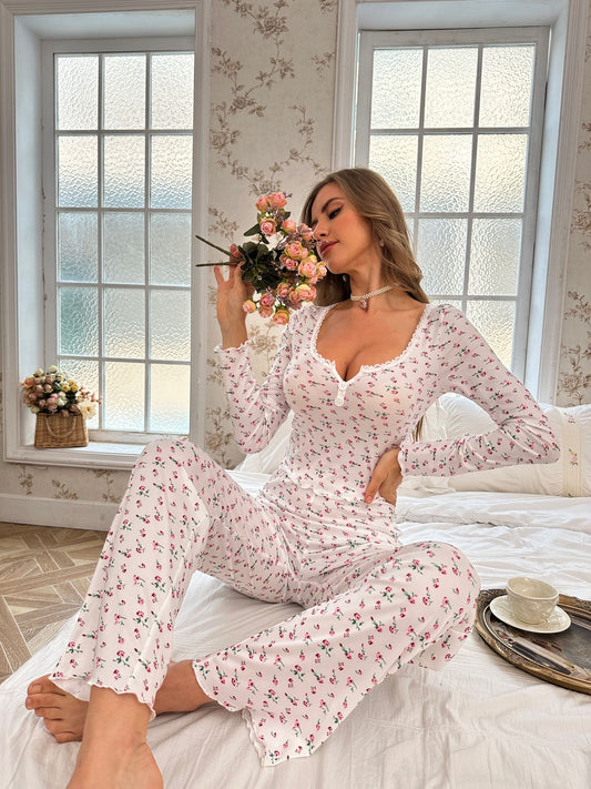 Cute Bowknot Print Lettuce Trim Pajama Set
