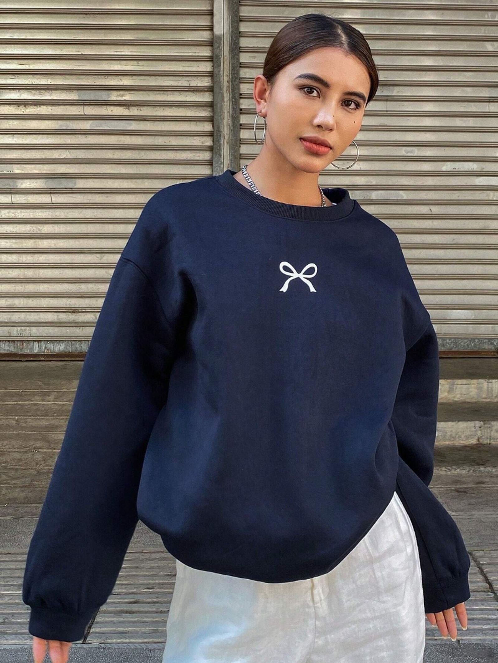 Casual Women's Kawaii Bow Graphic Pullover Hoodie