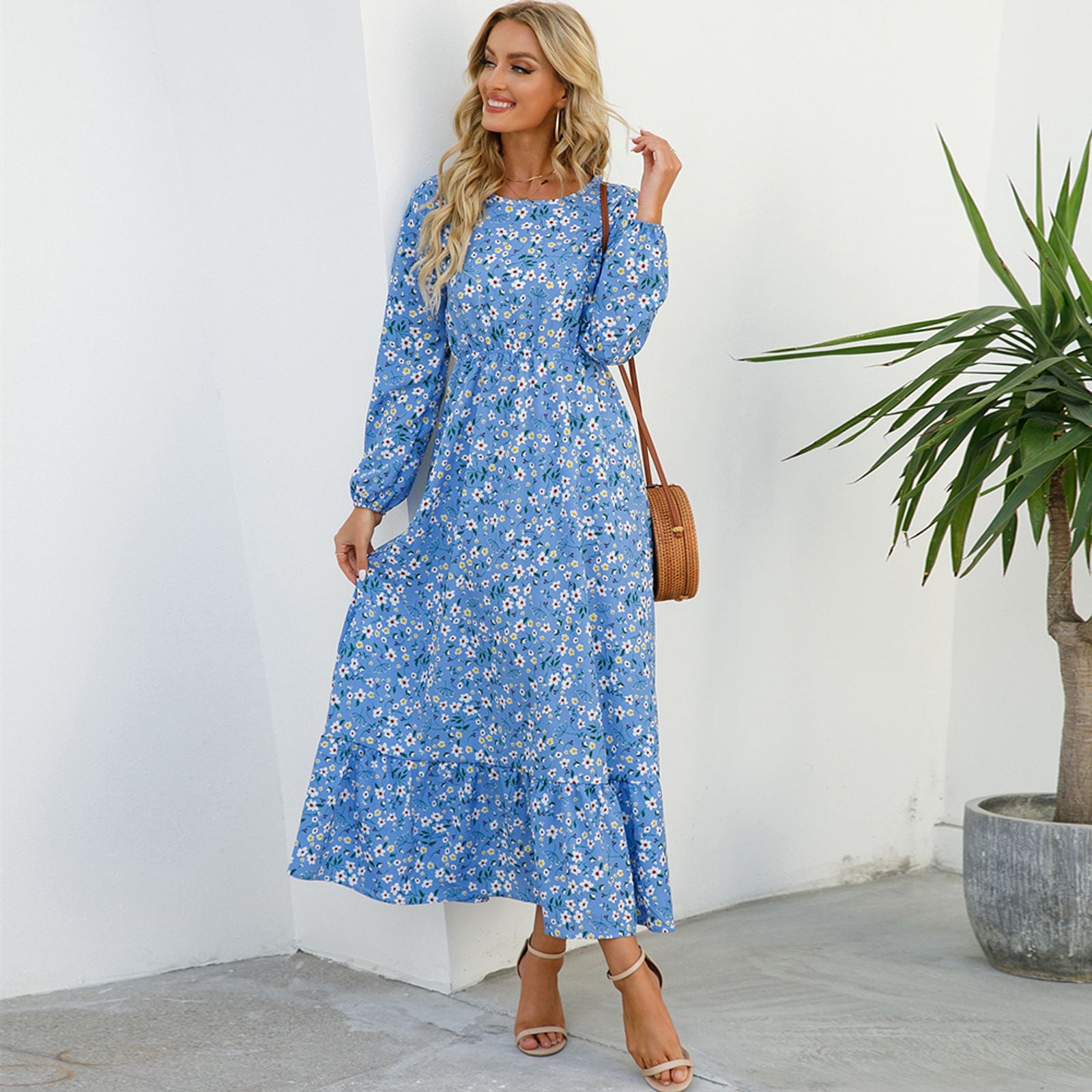 Women’s Bohemian Floral Maxi Dress with Full Sleeves